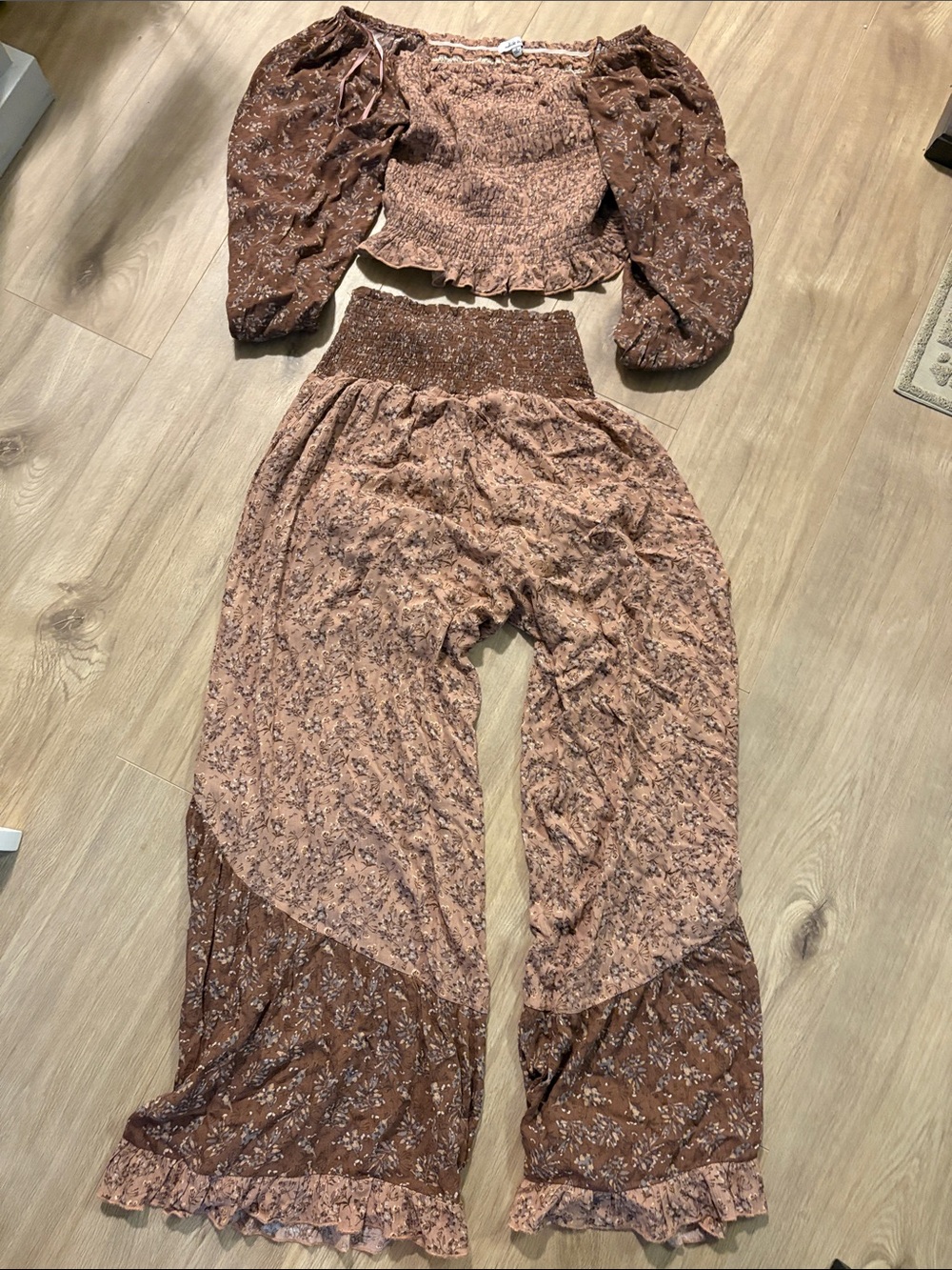 Boho Floral Smocked Waist Pant set  - Brown